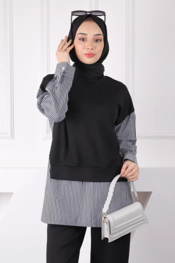 Siyah Gömlek Garnili Modal Tunik Pantolonlu Takım