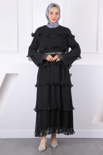 Siyah Katlı Piliseli Kemerli Şifon Abiye
