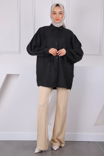 Siyah Kol Bağlamalı Keten Tunik