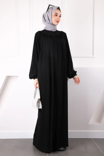 Siyah Kol Lastikli Fermuarlı Ferace