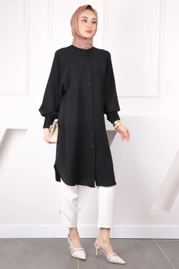 Siyah Kolları Nervürlü Linda Tunik