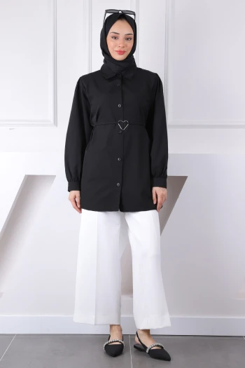 Siyah Kuşaklı Düğmeli Tunik