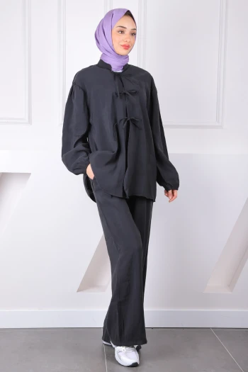 Siyah Ön Bağlamalı Kimono Pantolonlu Takım