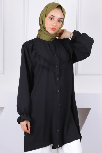 Siyah Önü Fırfırlı Ayrobin Tunik