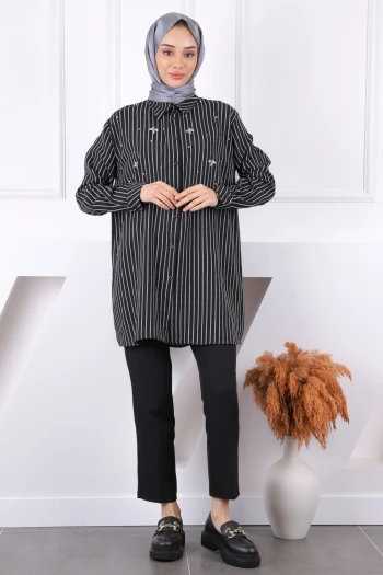 Siyah Önü Taşlı Çizgili Tunik