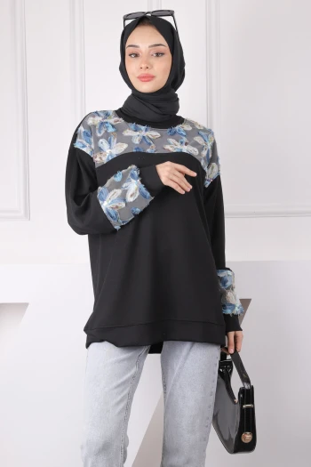 Siyah Tül Çiçek Garnili Modal Sweat
