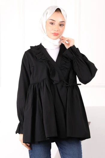 Siyah Yaka Fırfırlı Kimono