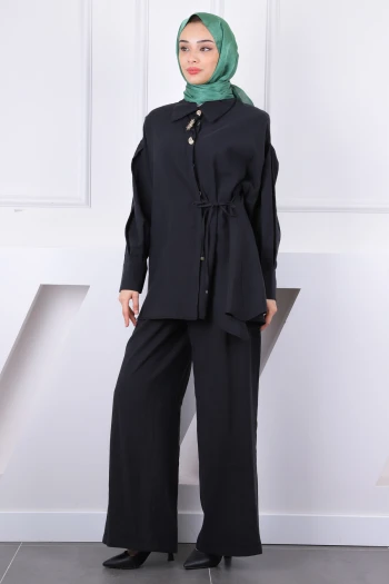 Siyah Yan Bağlamalı Tunik Pantolonlu Takım