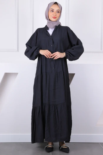 Siyah Yarım Düğmeli Modal Elbise