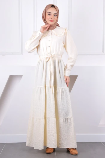 Taş Bebe Yaka Kuşaklı Gofralı Elbise