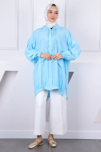 Turkuaz Kapüşonlu Yırtmaçlı Ceket