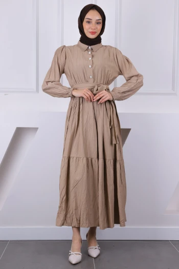 Vizon Bel Lastikli Kuşaklı Modal Elbise