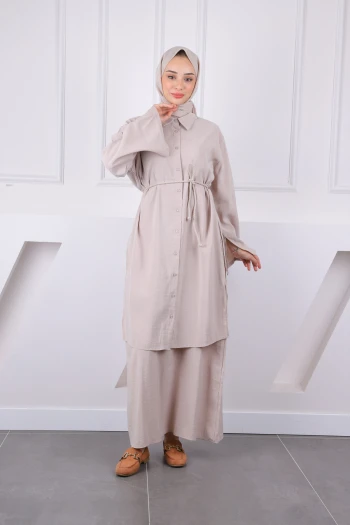 Vizon Beli İpli Tunik  Elbise Kombin Takım