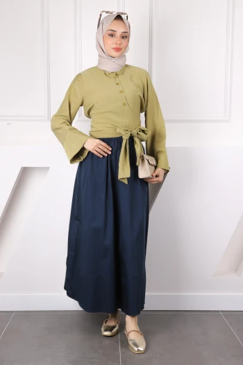 Yağ Yeşili Bel Bağlamalı Crop Gömlek