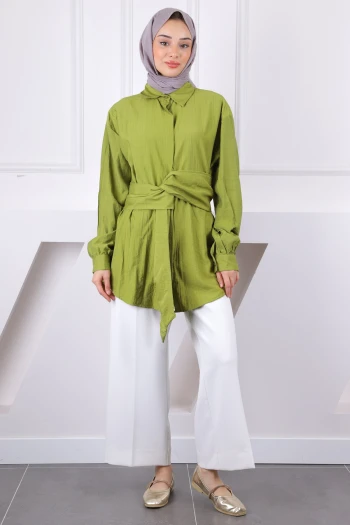 Yağ Yeşili Bel Kuşaklı Modal Gömlek