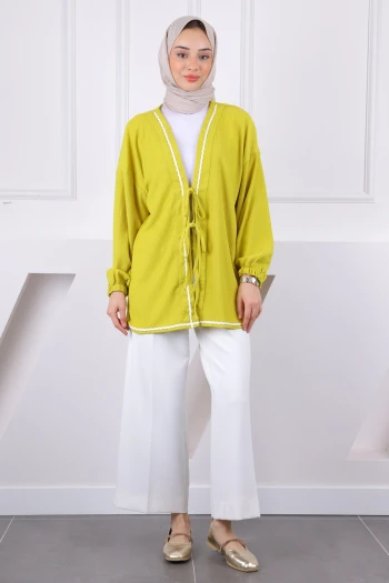 Yağ Yeşili Biyeli Bürümcük Kimono