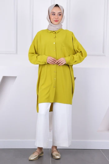 Yağ Yeşili Tek Cepli Linda Tunik
