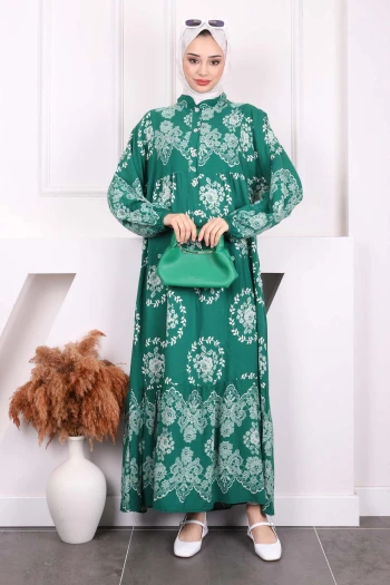 Yeşil Desenli Yarım Düğmeli Viscon Elbise