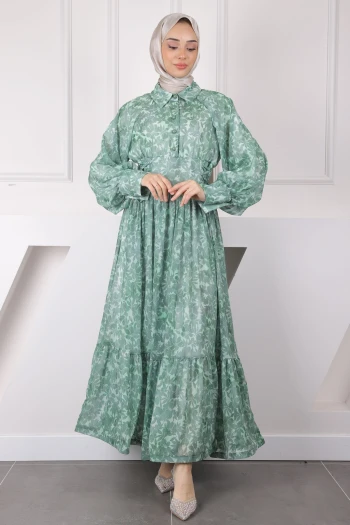 Yeşil Yan Bağlamalı Desenli Şifon Elbise