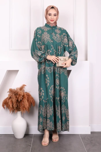 Zümrüt Yeşili Desenli Yarım Düğmeli Viscon Elbise