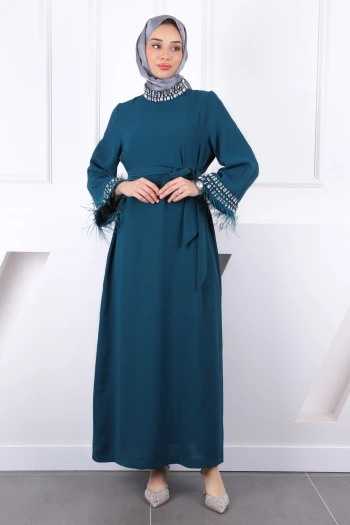 Zümrüt Yeşili Kol Ve Yaka Taşlı  Taşlı Kuşaklı Abiye