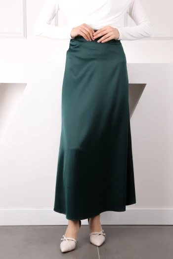 Zümrüt Yeşili Yan Fermuarlı Saten Kloş Etek