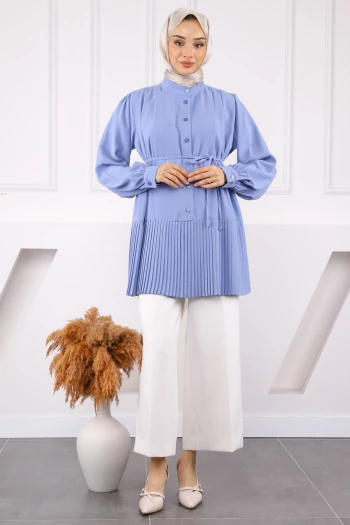 Açık Mavi Eteği Piliseli Bel Kuşaklı Tunik