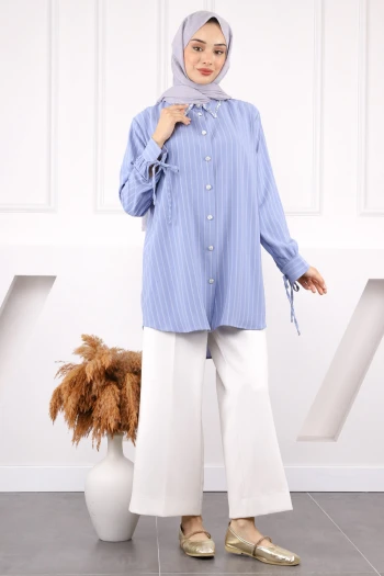 Açık Mavi Kolu Bağcıklı Yaka Taşlı Linda Tunik