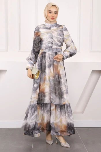 Antrasit Kolu Ve Önü Büzgülü Şifon Abiye