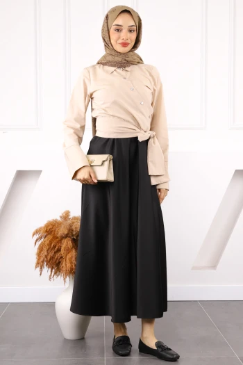 Bej Bel Bağlamalı Crop Gömlek