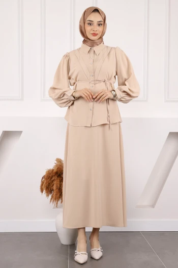 Bej Bel Kuşaklı Gömlek Etekli Takım