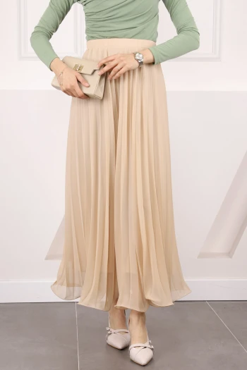 Bej Bel Lastikli Piliseli Şifon Etek