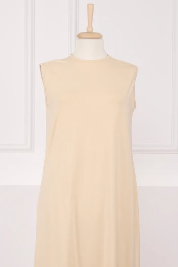 Bej Bisiklet Yaka Sıfır Kol İçlik Elbise