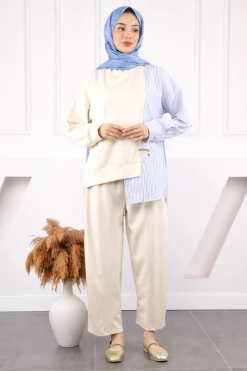 Bej Gömlek Garnili Modal Tunik Pantolonlu Takım