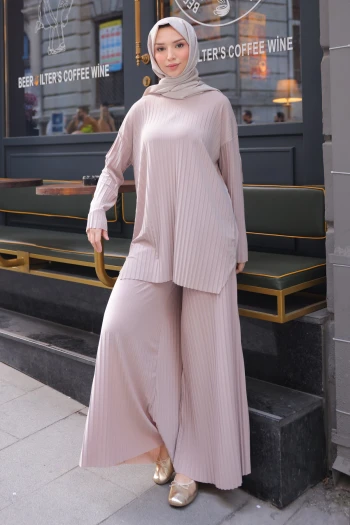 Bej Piliseli Sandy Tunik Pantolon Takım