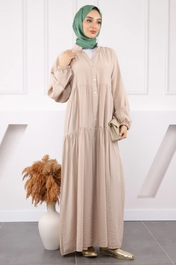 Bej Yarım Düğmeli Eteği Katlı Modal Elbise