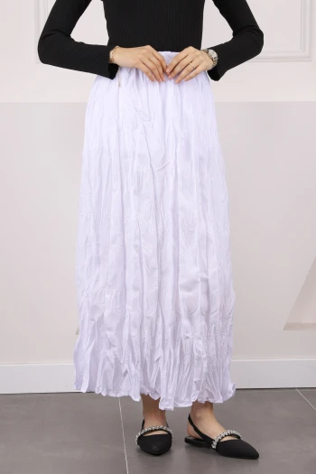 Beyaz Bel Lastikli Kraş Etek