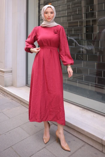 Bordo Balon Kol Kuşaklı Elbise