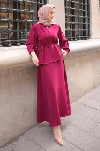 Bordo Bel Kuşaklı Gömlek Etekli Takım