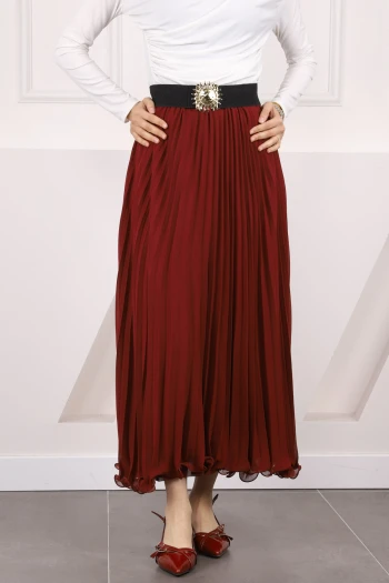 Bordo Bel Lastikli Piliseli Şifon Etek