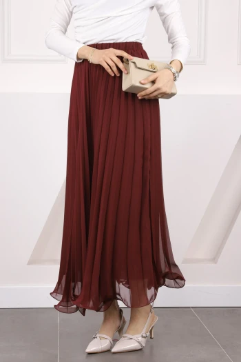 Bordo Bel Lastikli Piliseli Şifon Etek