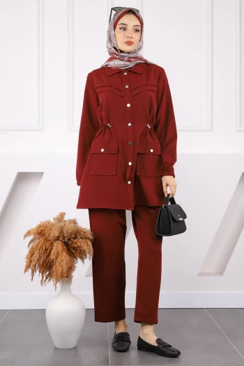 Bordo Bel Lastikli Tunik Pantolonlu Takım