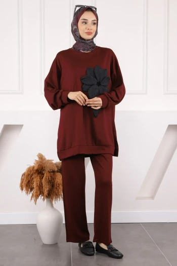Bordo Çiçek Detaylı Modal Tunik Pantolonlu Takım