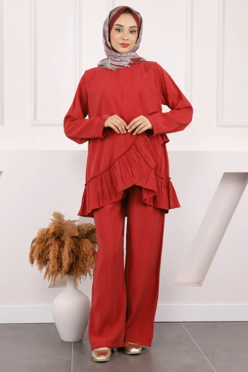 Bordo Fırfır Detaylı Tunik Pantolonlu Takım