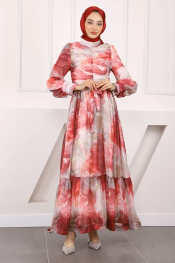 Bordo Kolu Ve Önü Büzgülü Şifon Abiye