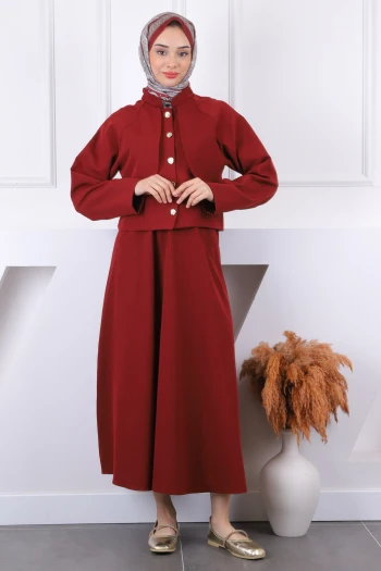 Bordo Ön Düğmeli Ceket Etekli Takım