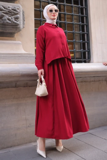 Bordo Ön Kısa Arka Uzun Gömlek Etek Bürümcük Takım