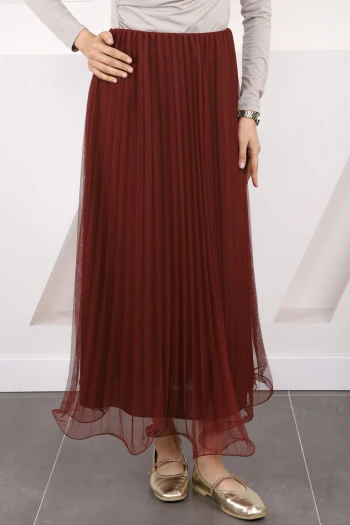 Bordo Piliseli Bel Lastikli Etek