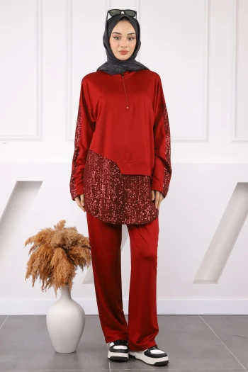 Bordo Pul Detaylı Tunik Pantolonlu Takım