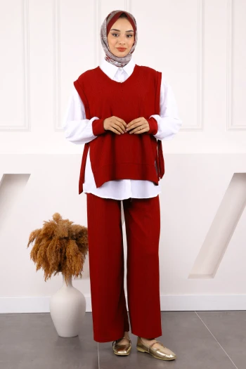 Bordo Süveterli Gömlek Pantolonlu Kombin Takım
